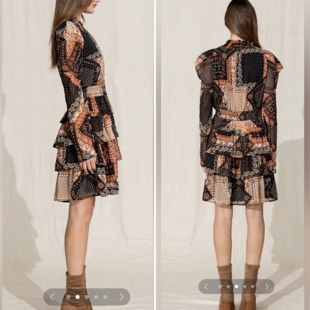 Miss Me Slow Burn Tiered Long Puff Sleeve Mini Dress Brown M